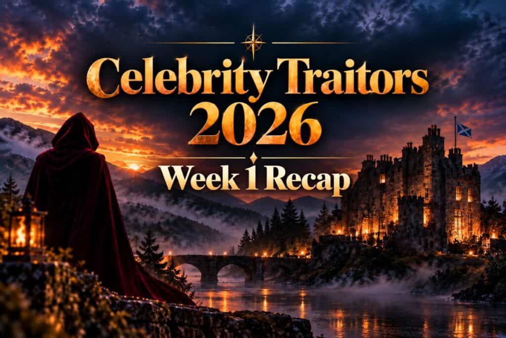 Celebrity Traitors 2026 Week 1 Recap featured image with hooded figure and castle backdrop.